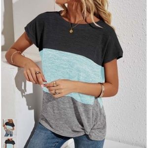 Simple Flavor Green Color Block Twist-Hem Crewneck Top